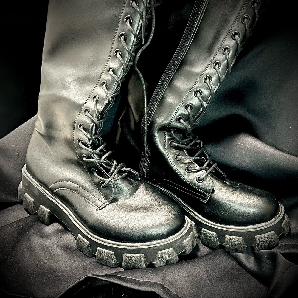 Black Knee-High Lace-up Combat Boots